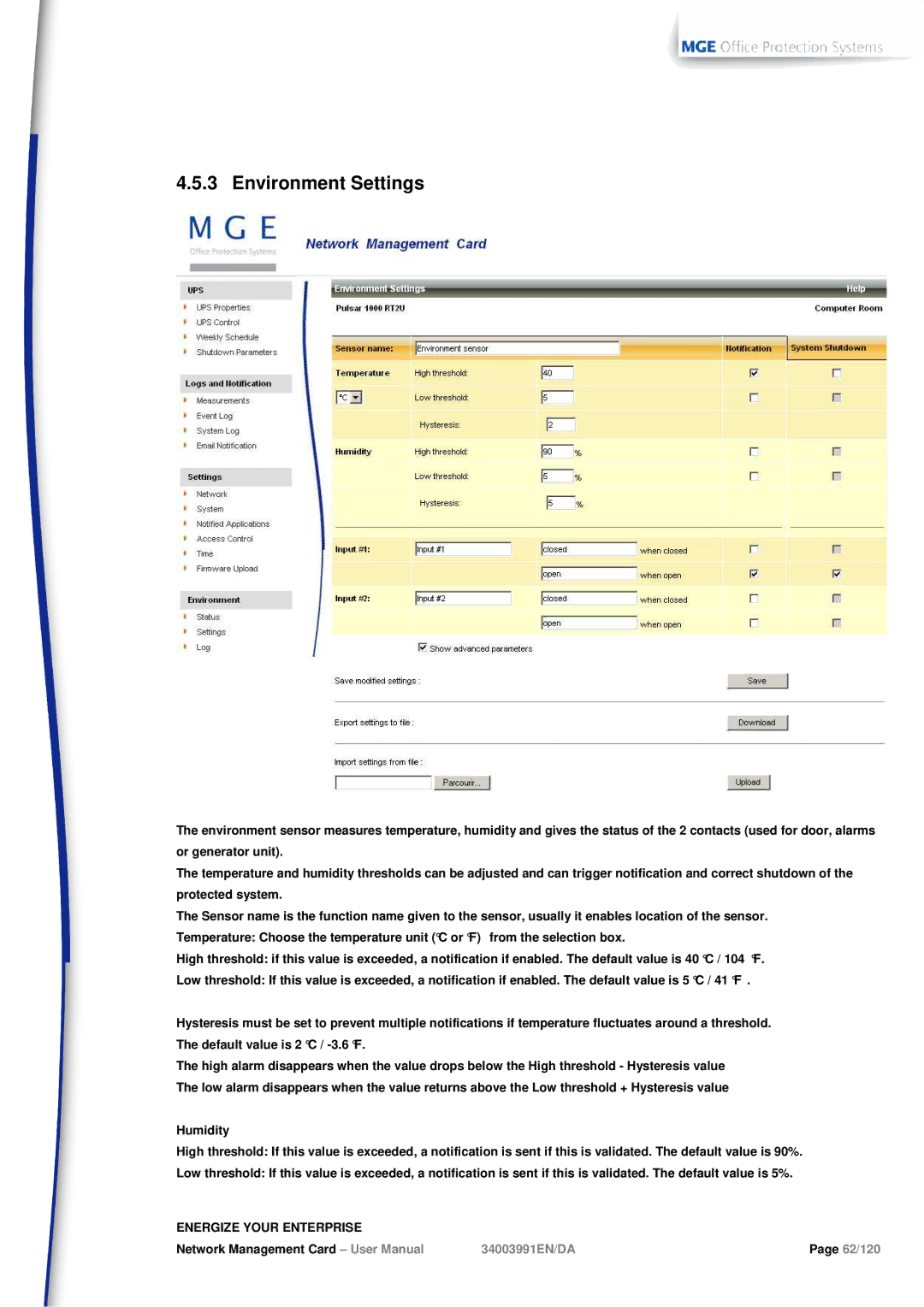 MGE UPS Systems 66103, 66102 user manual Environment Settings 