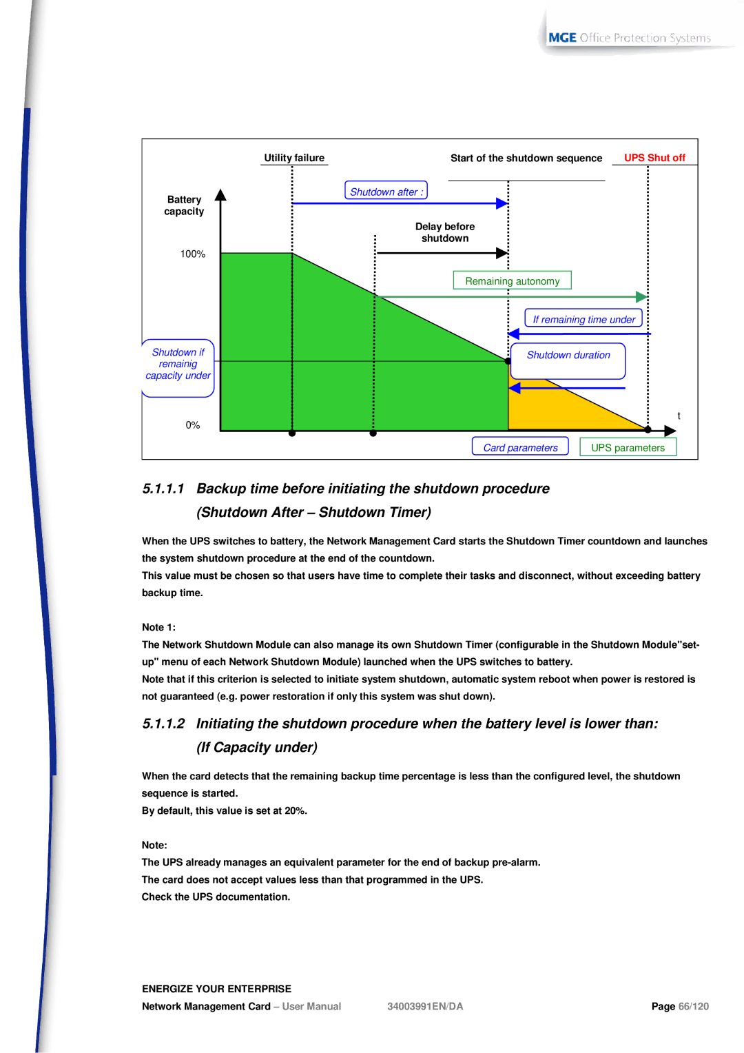 MGE UPS Systems 66103, 66102 user manual Utility failure Start of the shutdown sequence 