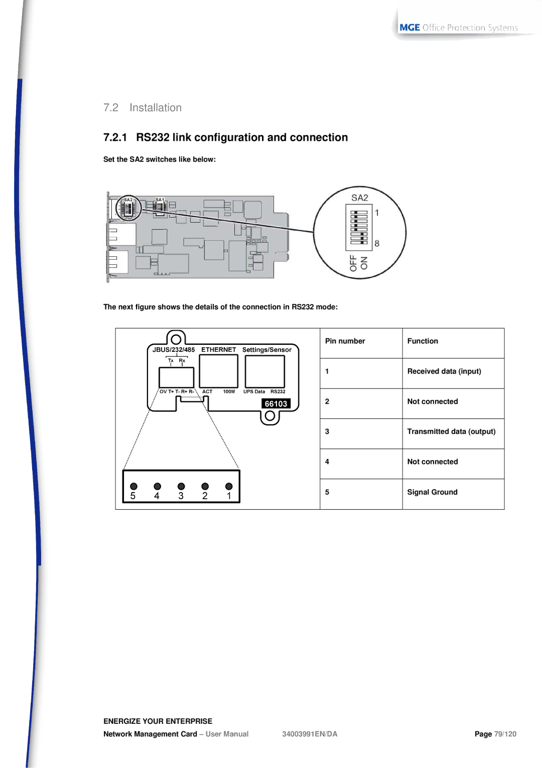 MGE UPS Systems 66102, 66103 user manual Installation, 1 RS232 link configuration and connection 