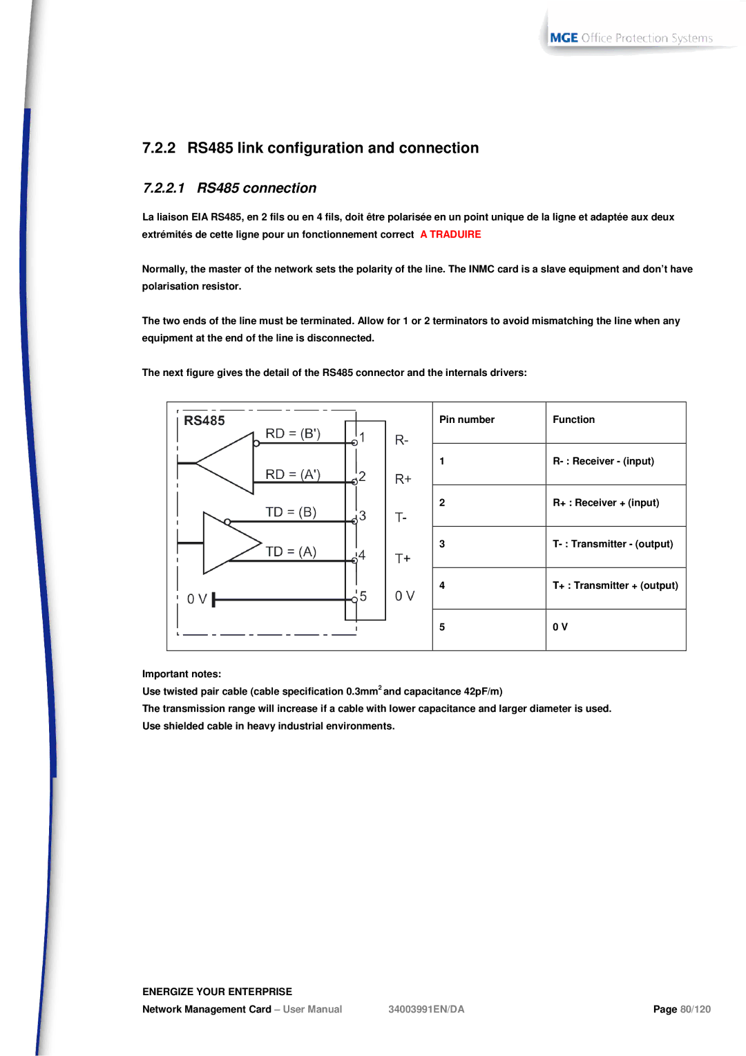 MGE UPS Systems 66103, 66102 user manual 2 RS485 link configuration and connection, 2.1 RS485 connection 