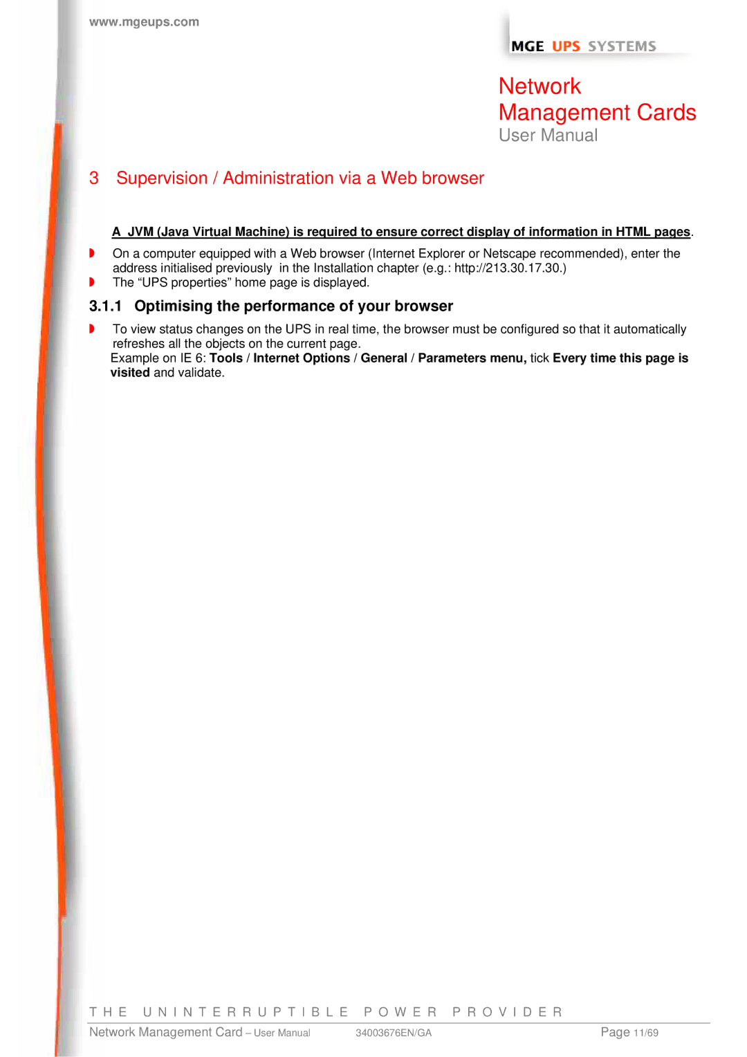 MGE UPS Systems 66074, 66244 Supervision / Administration via a Web browser, Optimising the performance of your browser 