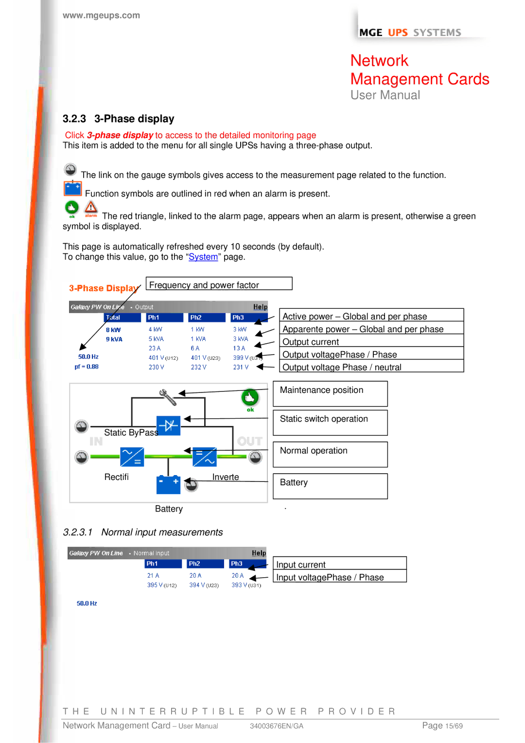 MGE UPS Systems 66244, 66846, 66074 user manual 3 3-Phase display, Normal input measurements 