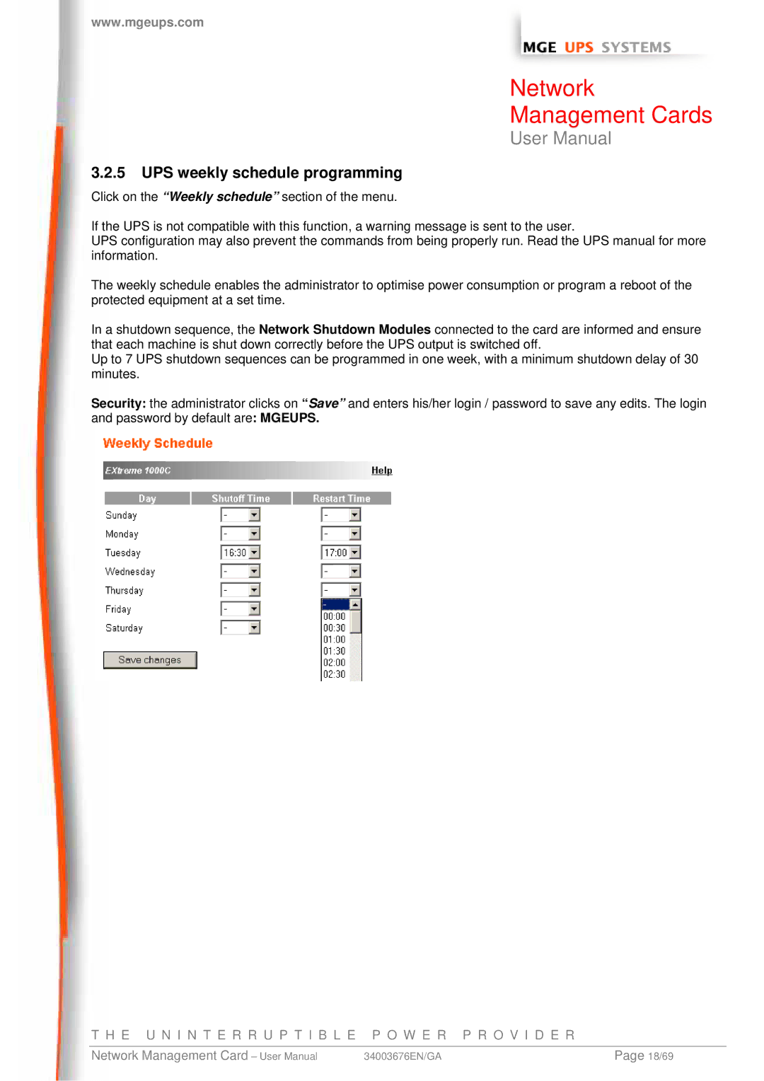 MGE UPS Systems 66244, 66846, 66074 user manual UPS weekly schedule programming 