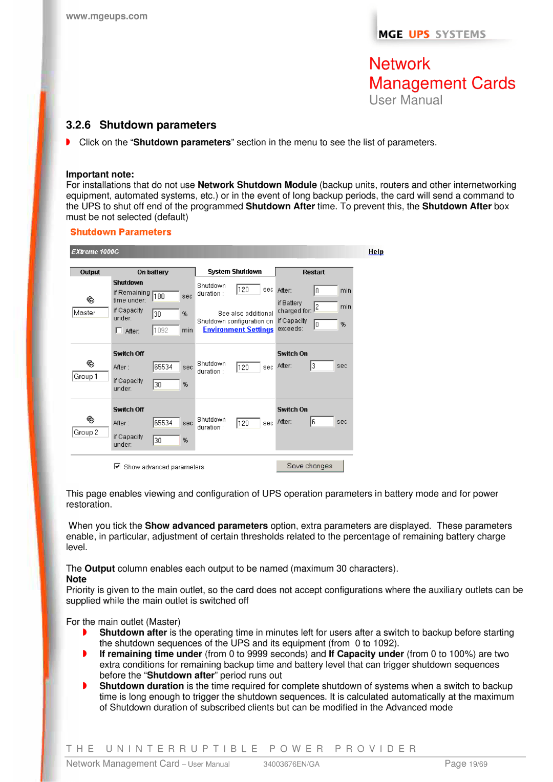 MGE UPS Systems 66846, 66244, 66074 user manual Shutdown parameters, Important note 