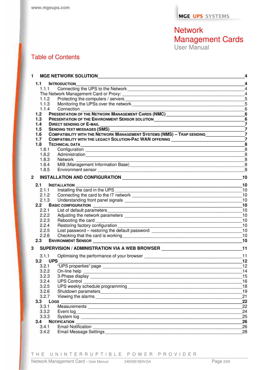 MGE UPS Systems 66074, 66244, 66846 user manual Network Management Cards, Table of Contents 