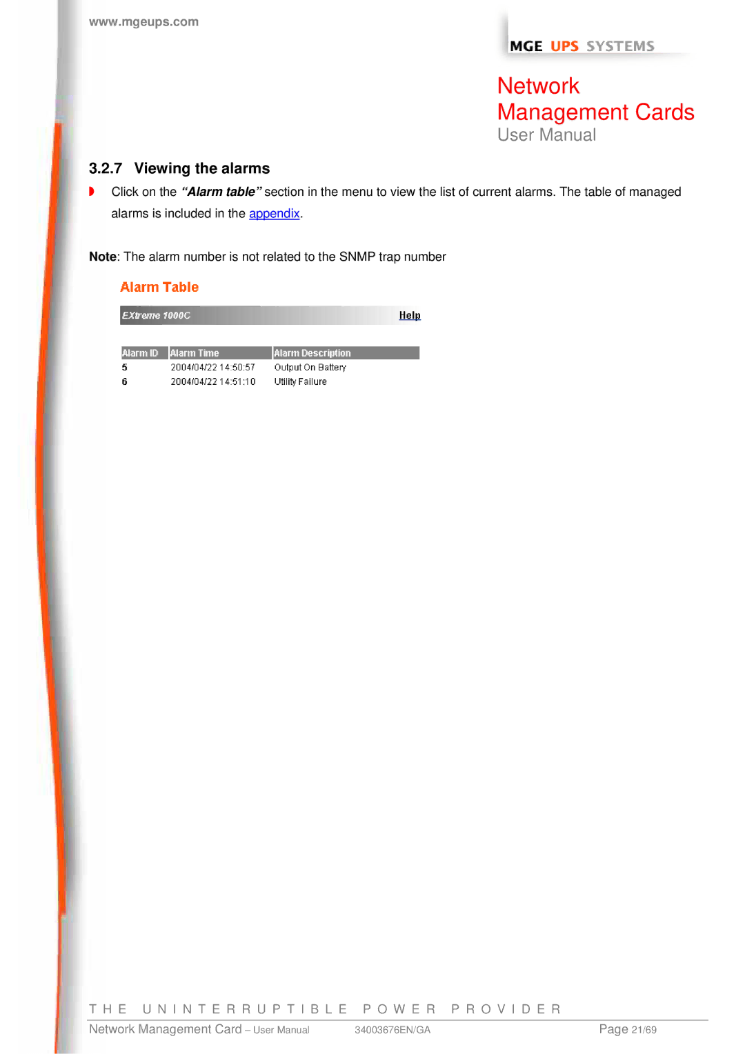 MGE UPS Systems 66244, 66846, 66074 user manual Viewing the alarms 