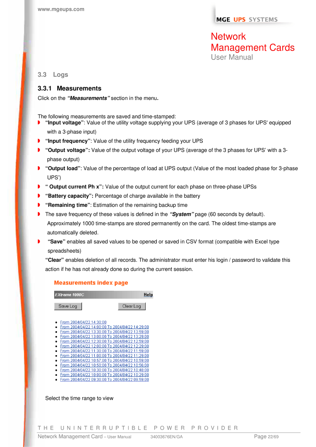 MGE UPS Systems 66846, 66244, 66074 user manual Logs, Measurements 