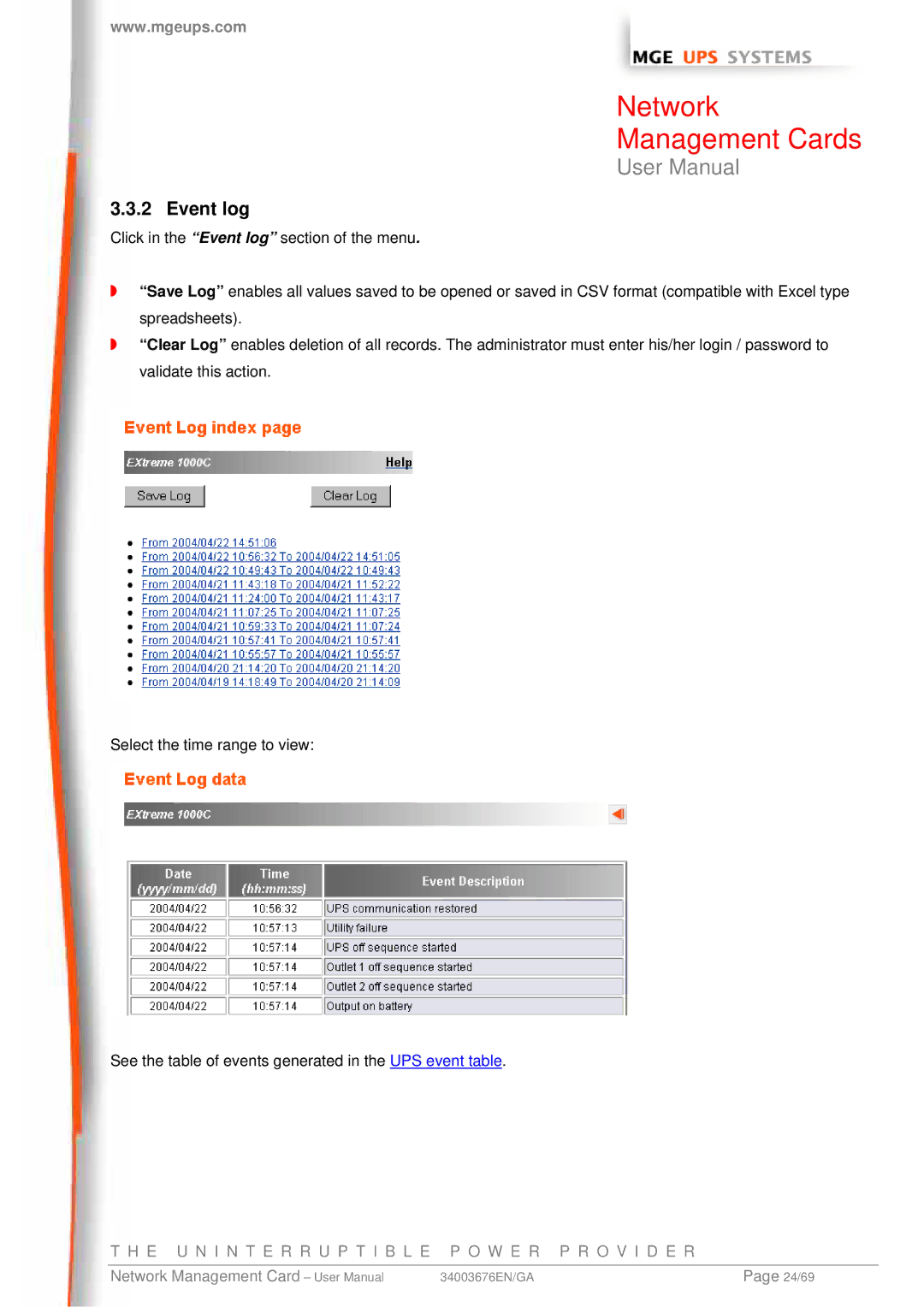 MGE UPS Systems 66244, 66846, 66074 user manual Event log 