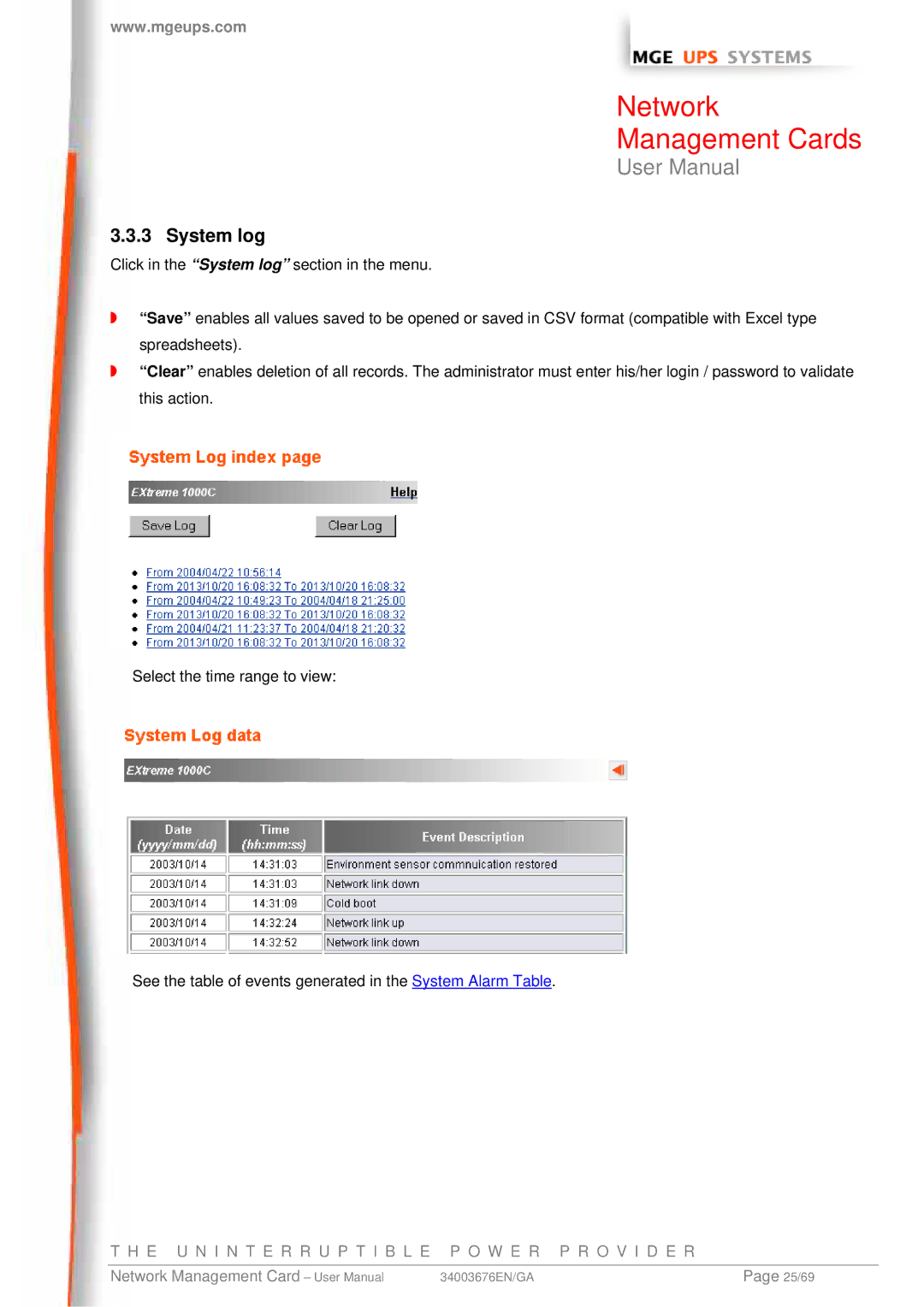 MGE UPS Systems 66846, 66244, 66074 user manual System log 