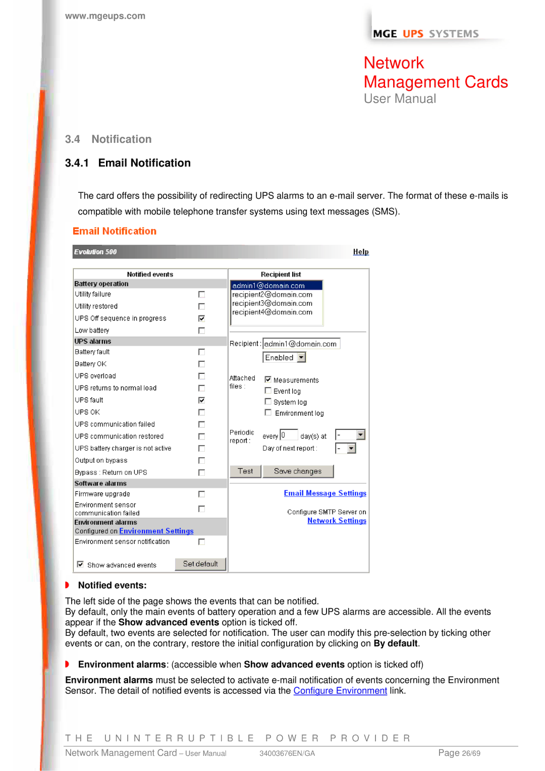 MGE UPS Systems 66074, 66244, 66846 user manual Email Notification, Notified events 