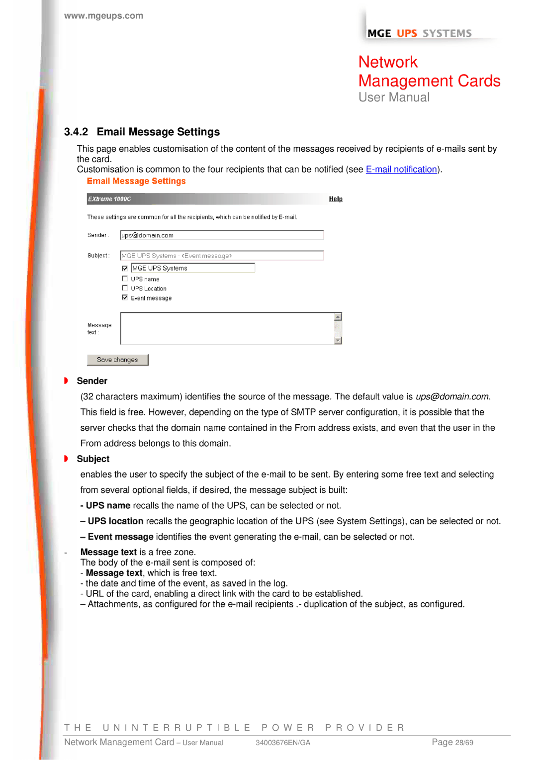 MGE UPS Systems 66846, 66244, 66074 user manual Email Message Settings, Sender, Subject 