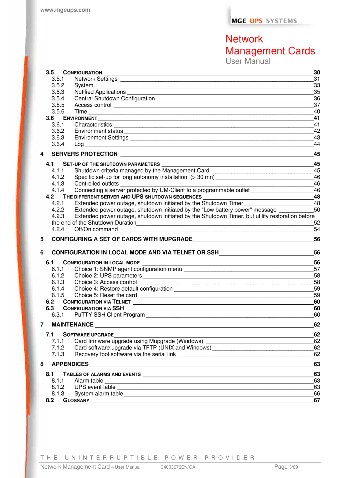 MGE UPS Systems 66244, 66846 Configuration, Environment, Servers Protection SET-UP of the Shutdown Parameters, Glossary 