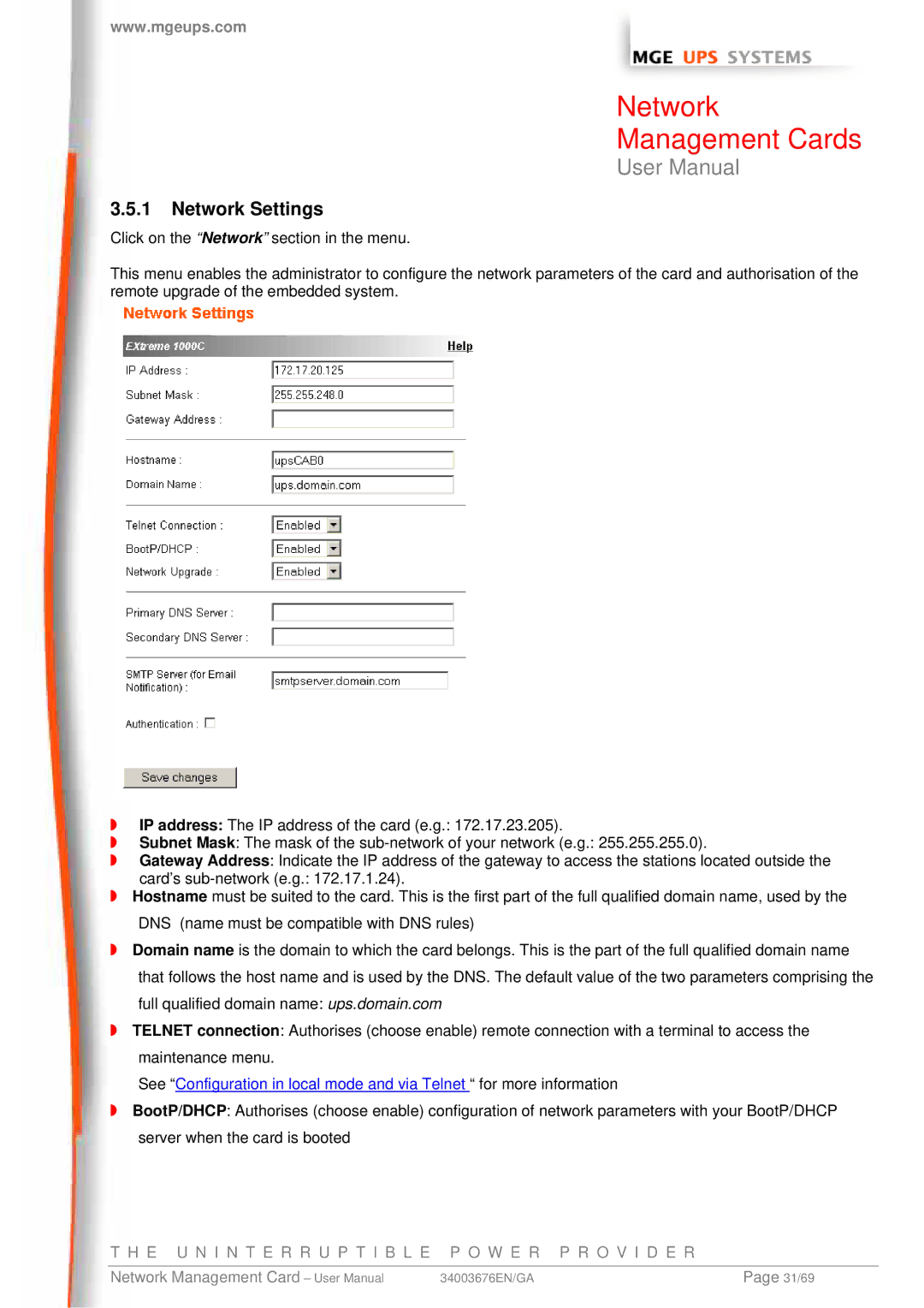 MGE UPS Systems 66846, 66244, 66074 user manual Network Settings 