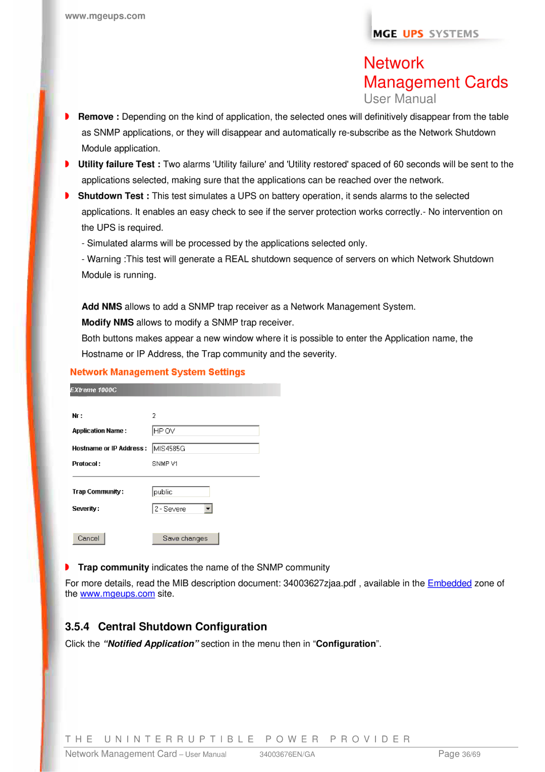 MGE UPS Systems 66244, 66846, 66074 user manual Central Shutdown Configuration 