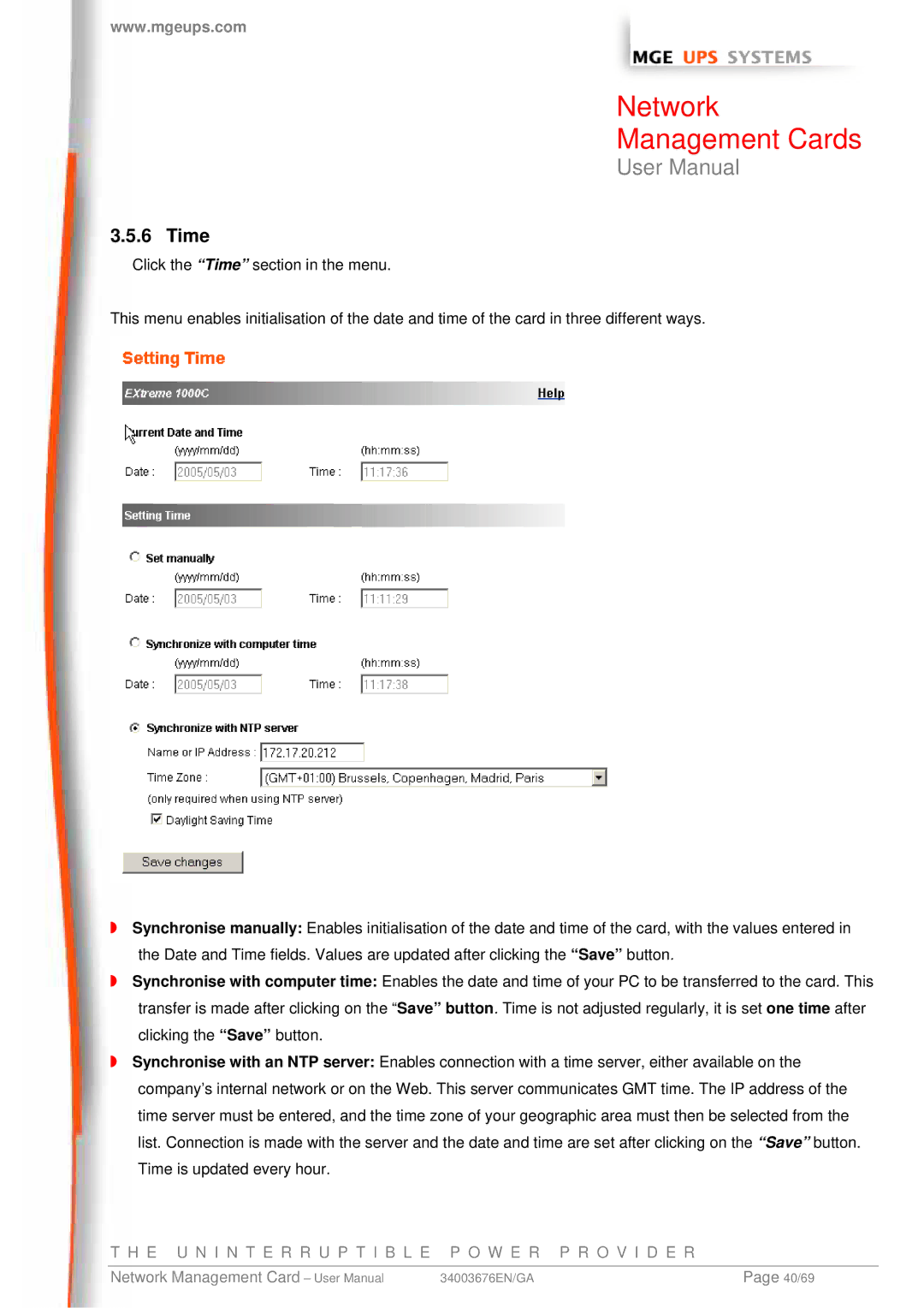 MGE UPS Systems 66846, 66244, 66074 user manual Time 