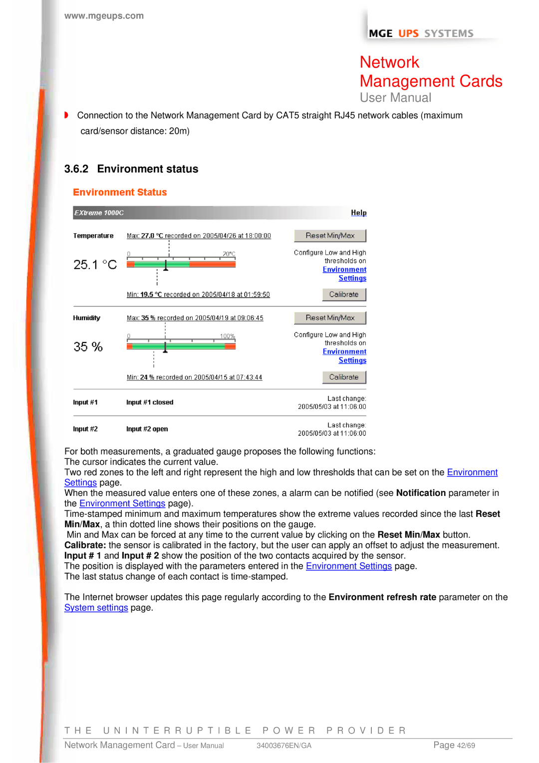 MGE UPS Systems 66244, 66846, 66074 user manual Environment status 