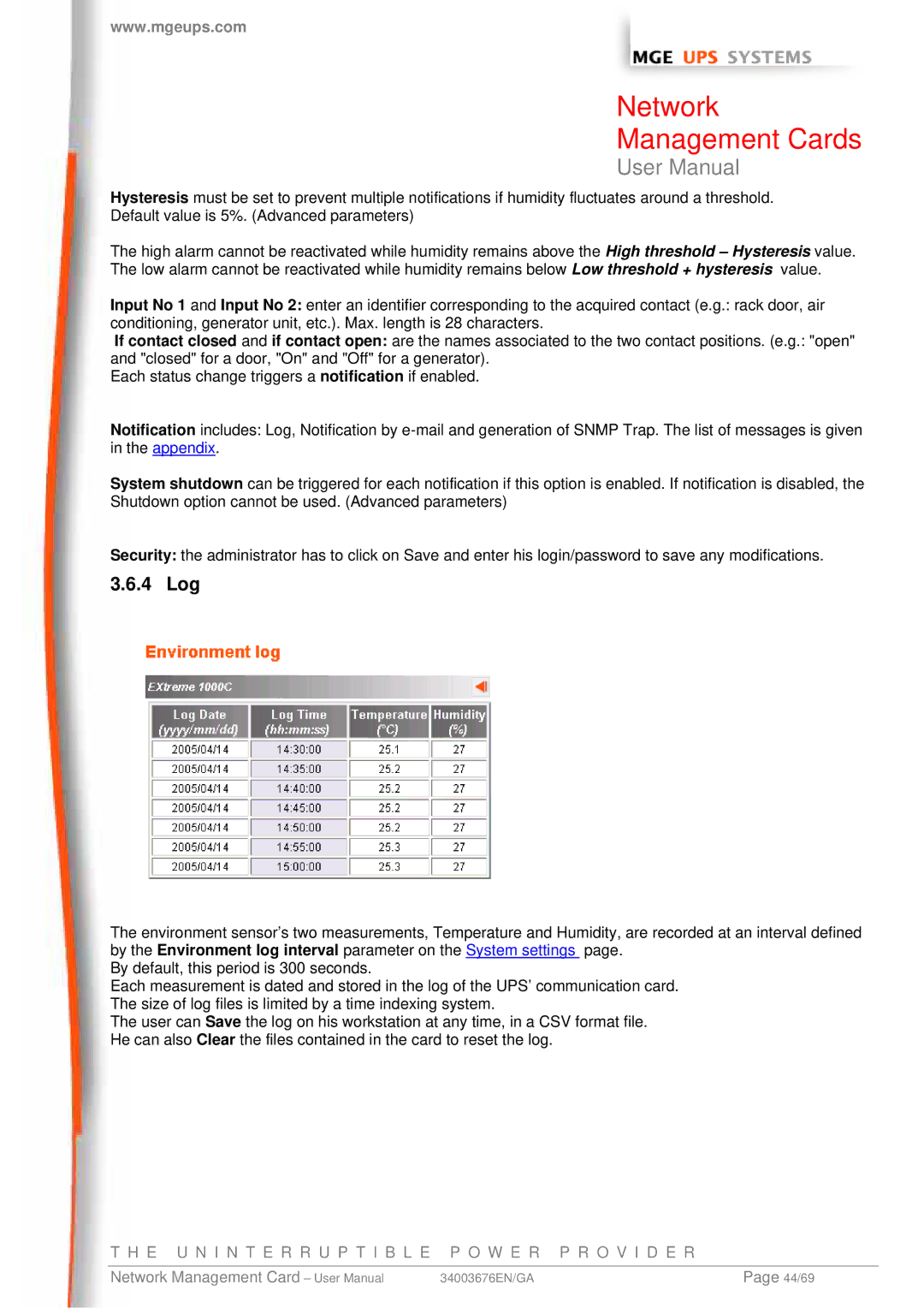 MGE UPS Systems 66074, 66244, 66846 user manual 4 Log 