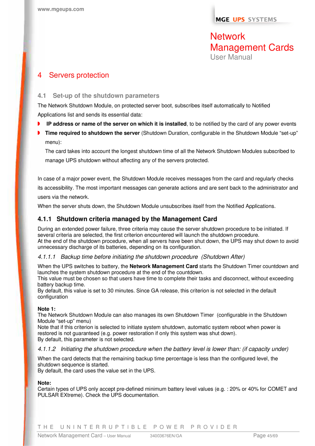 MGE UPS Systems 66244, 66846, 66074 user manual Servers protection, Set-up of the shutdown parameters 