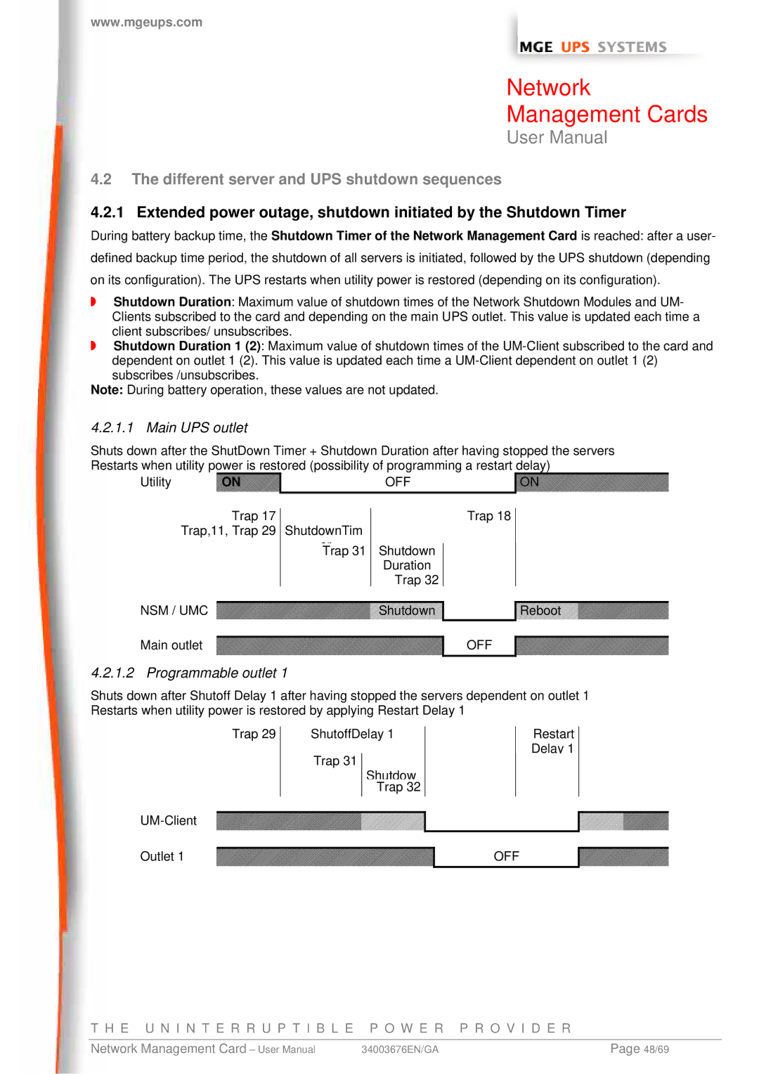 MGE UPS Systems 66244, 66846, 66074 Different server and UPS shutdown sequences, Main UPS outlet, Programmable outlet 