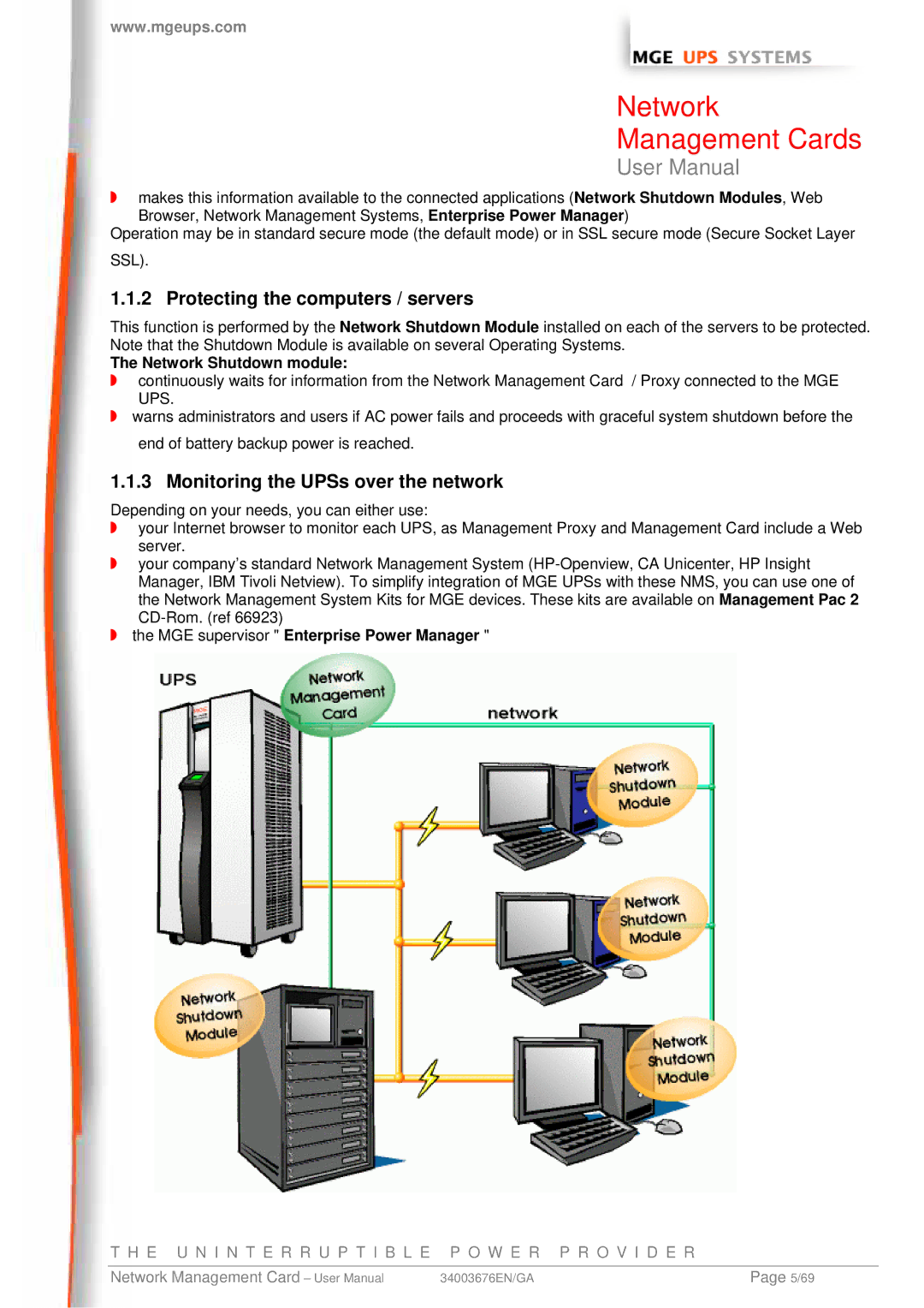 MGE UPS Systems 66074 Protecting the computers / servers, Monitoring the UPSs over the network, Network Shutdown module 