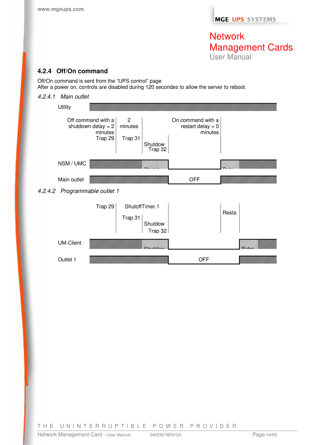 MGE UPS Systems 66244, 66846, 66074 user manual 4 Off/On command, Main outlet 