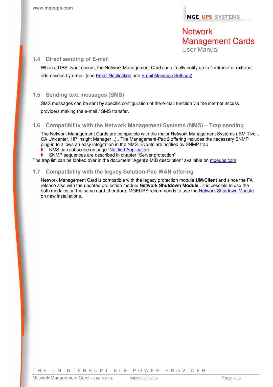 MGE UPS Systems 66846, 66244, 66074 user manual Direct sending of E-mail, Sending text messages SMS 