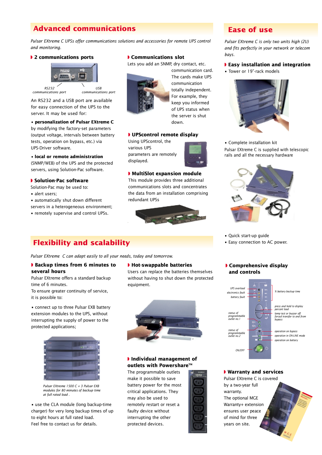 MGE UPS Systems 700 VA, 1500 VA, 1000 VA manual Advanced communications, Ease of use, Flexibility and scalability 