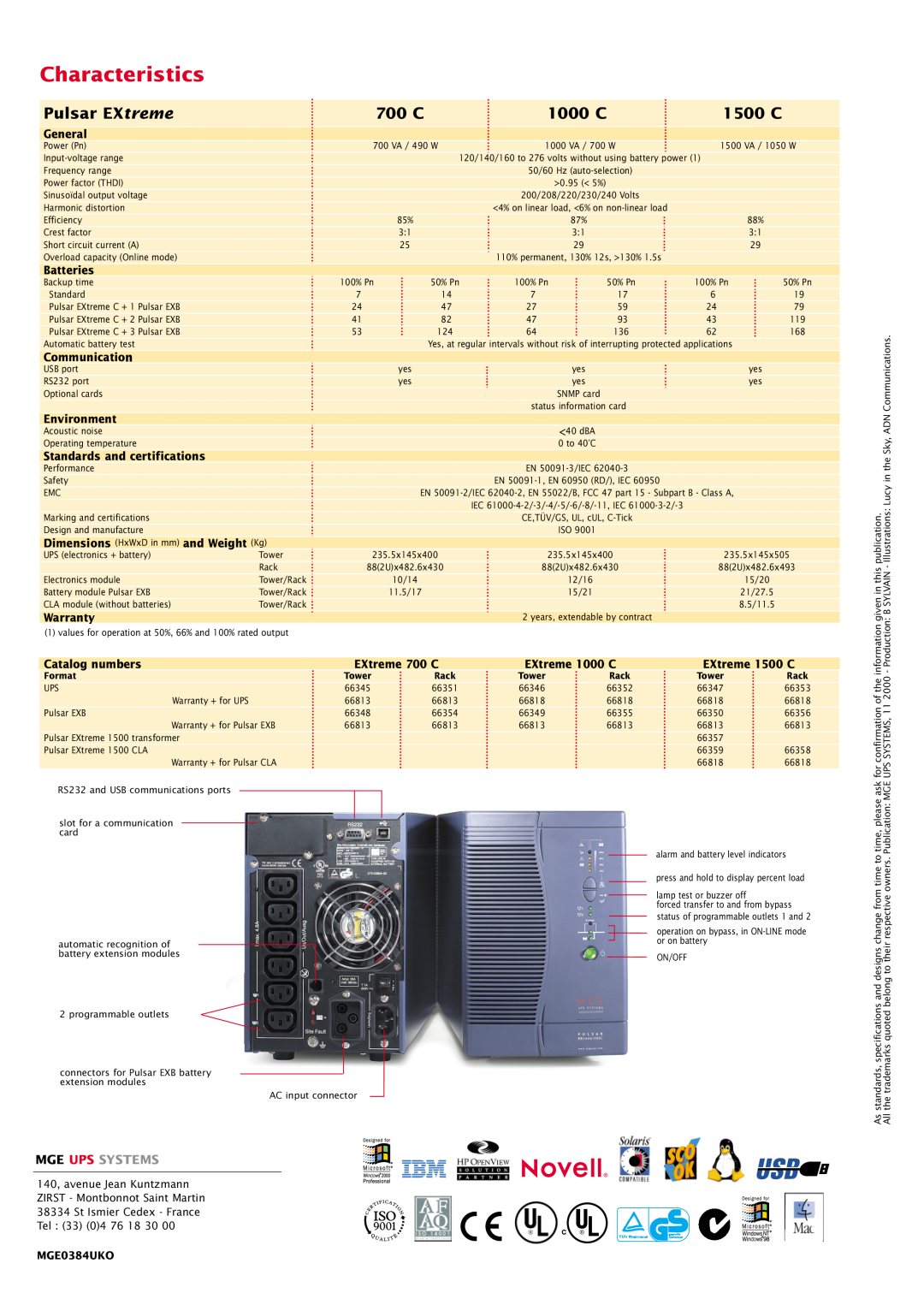 MGE UPS Systems 1500 VA, 700 VA, 1000 VA manual Characteristics, Pulsar EXtreme, 700 C, 1000 C, 1500 C, Mge Ups Systems 