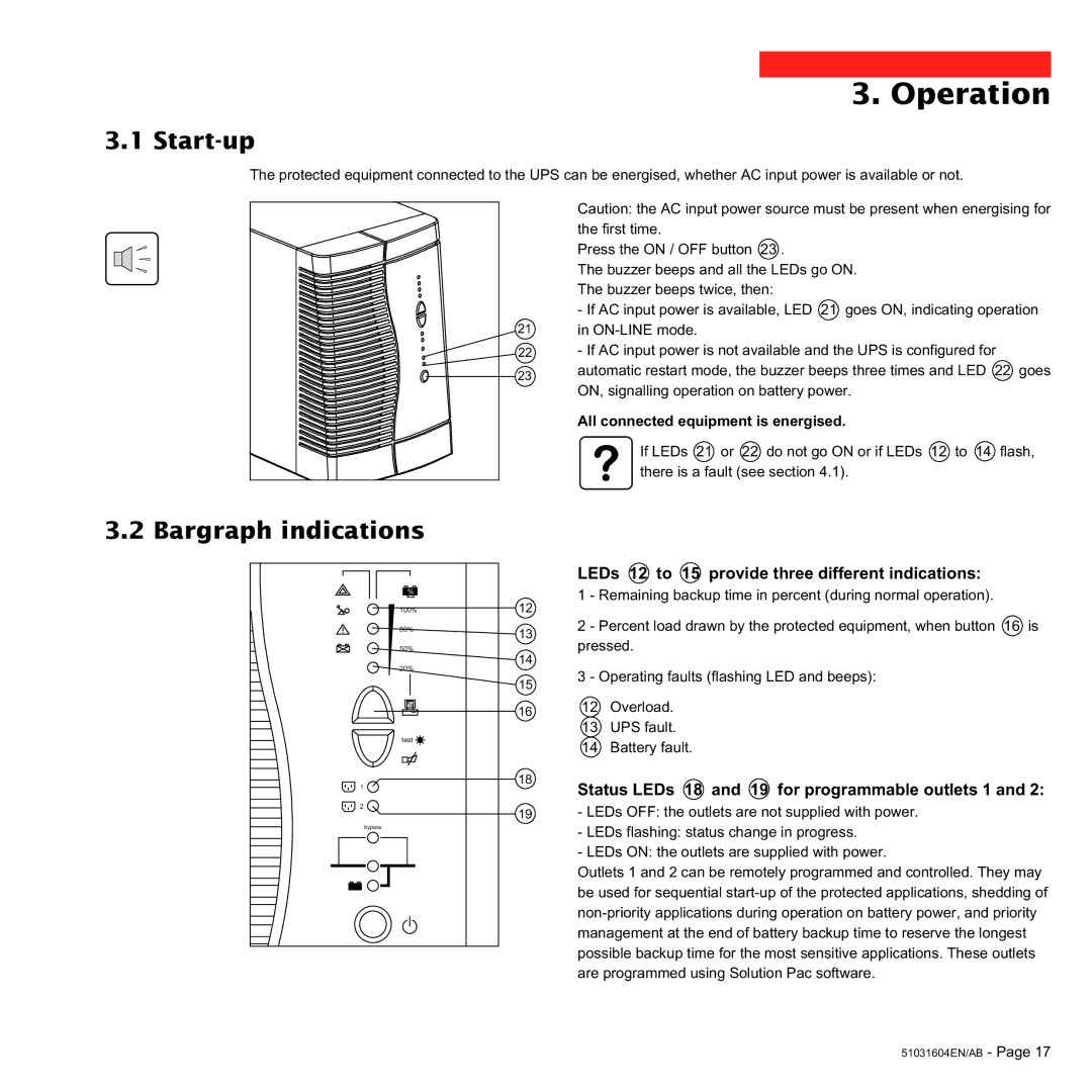 MGE UPS Systems 1000C, 700C user manual Operation, Start-up, Bargraph indications, All connected equipment is energised 