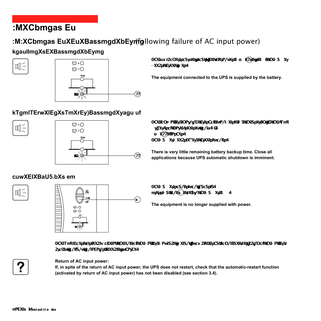 MGE UPS Systems 700C, 1000C user manual Transfer to battery power, Threshold for the low-battery warning, End of backup time 