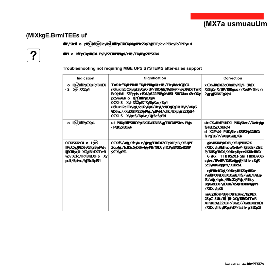 MGE UPS Systems 1000C, 700C user manual Maintenance, Troubleshooting, Indication, Signification, Correction 