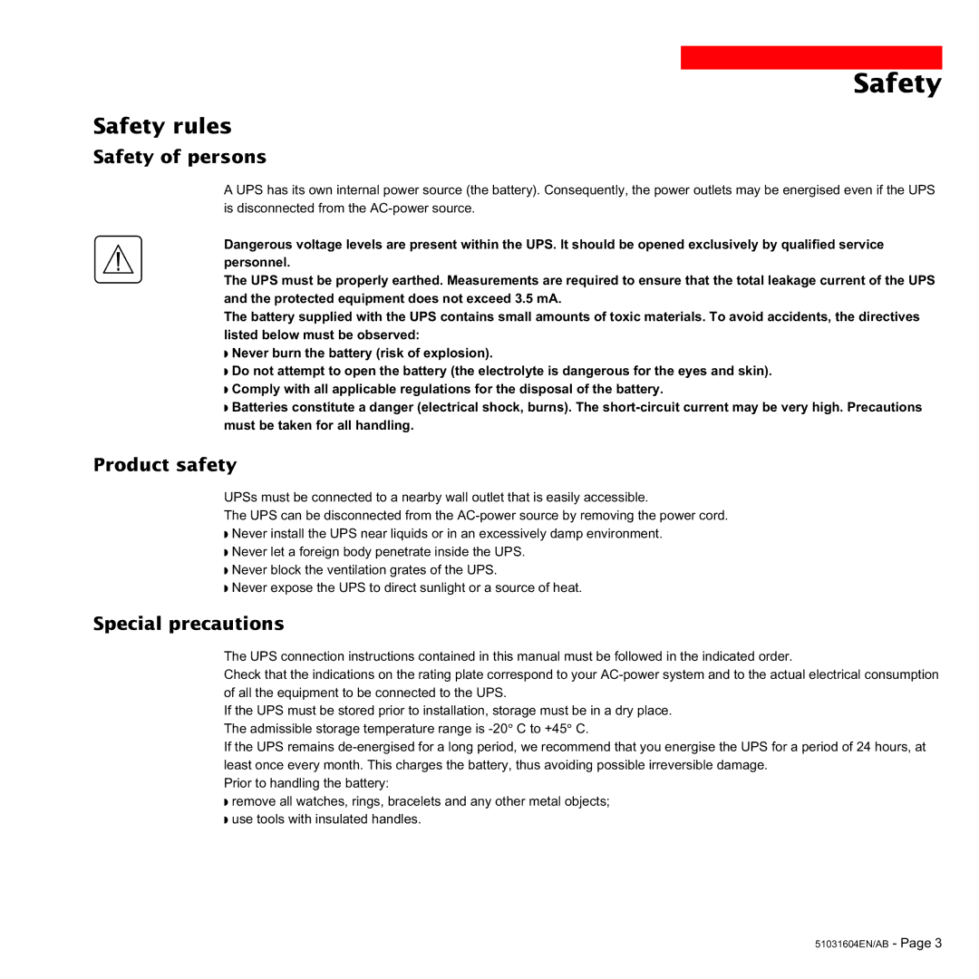 MGE UPS Systems 1000C, 700C user manual Safety rules, Safety of persons, Product safety, Special precautions 