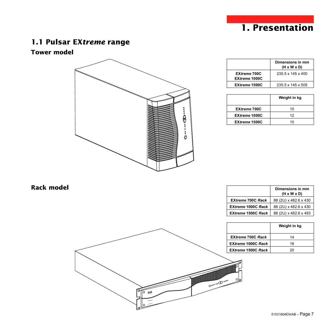 MGE UPS Systems 1000C, 700C user manual Presentation, Pulsar EXtreme range, Tower model Rack model 