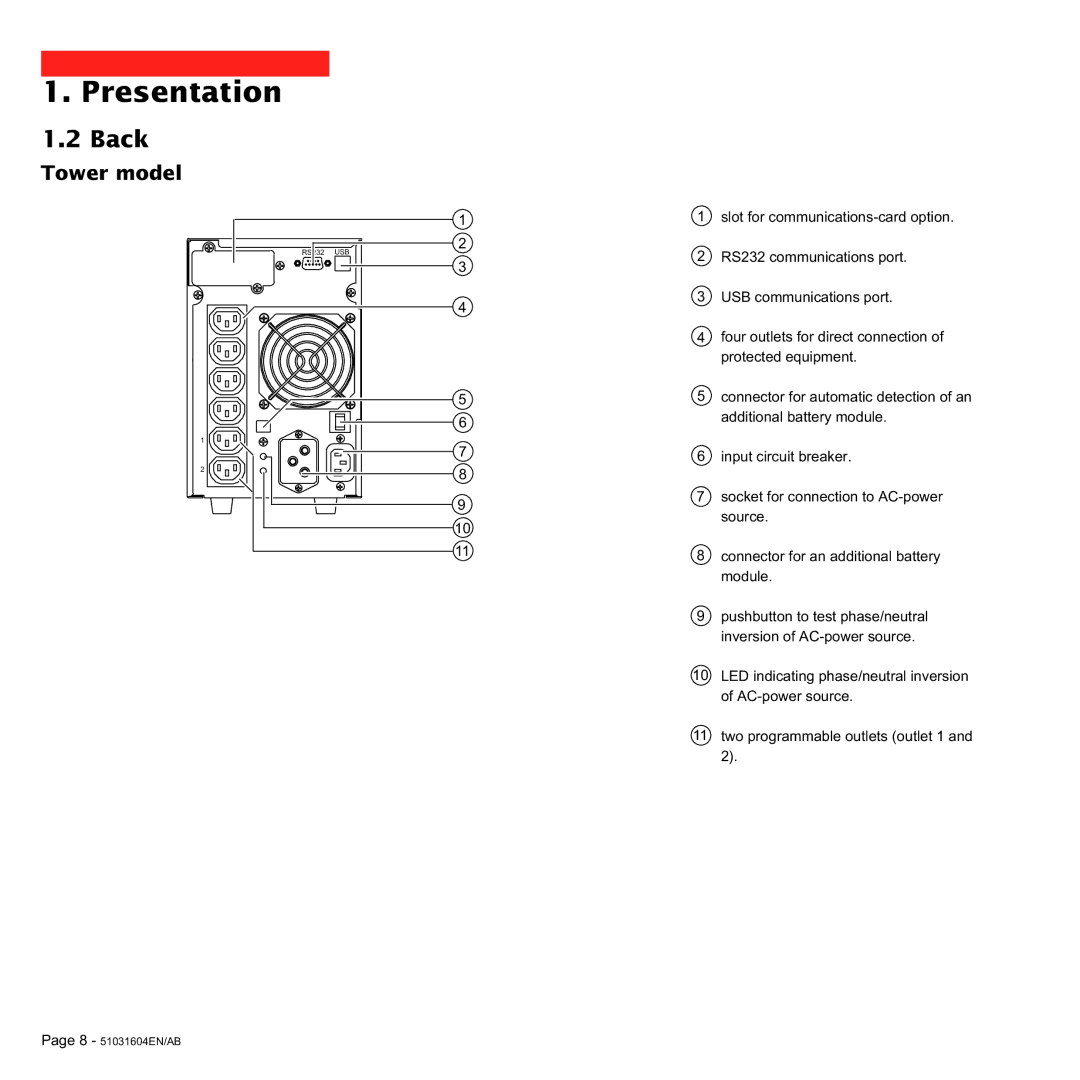 MGE UPS Systems 700C, 1000C user manual Back, Tower model 