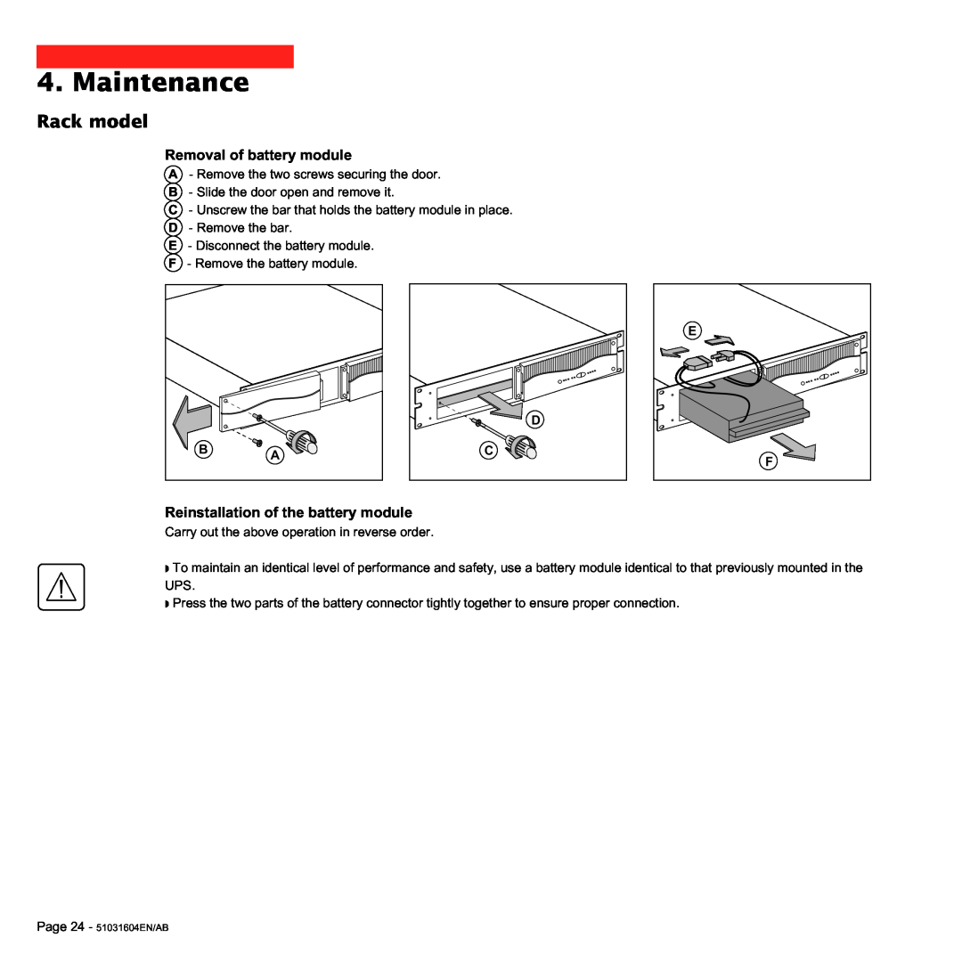 MGE UPS Systems 700C, 1000C user manual Maintenance, Rack model, Page 24 - 51031604EN/AB 