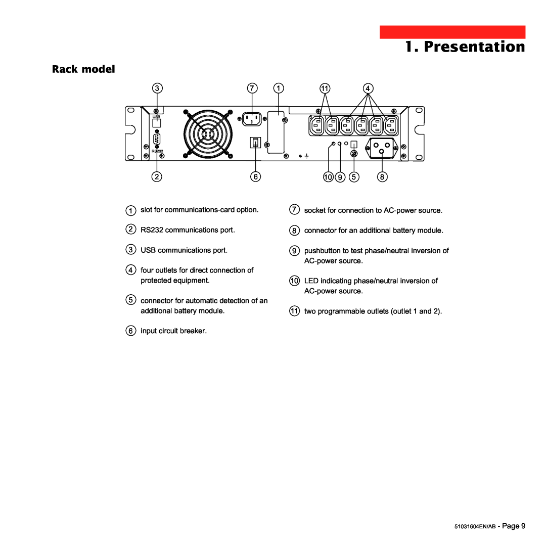 MGE UPS Systems 1000C, 700C user manual Rack model, Presentation, RS232 