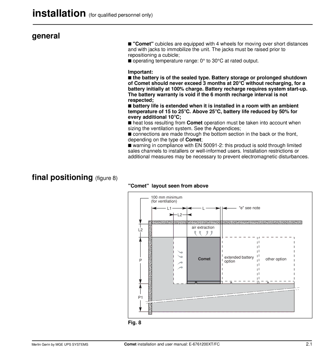 MGE UPS Systems Comet TM 5 - 30 kVA user manual General, Final positioning figure, Comet layout seen from above 