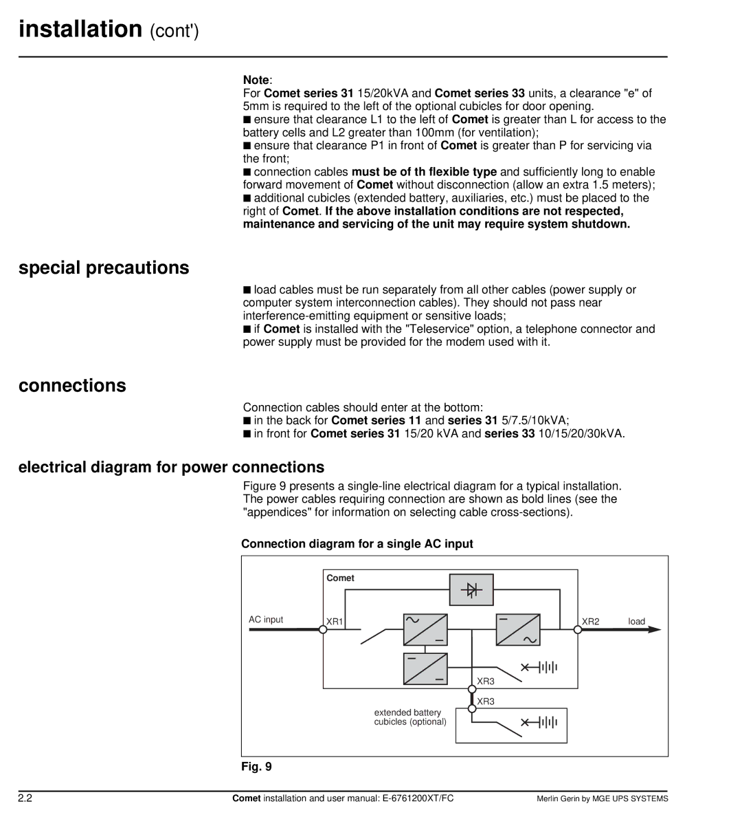 MGE UPS Systems Comet TM 5 - 30 kVA user manual Installation, Special precautions, Connections 