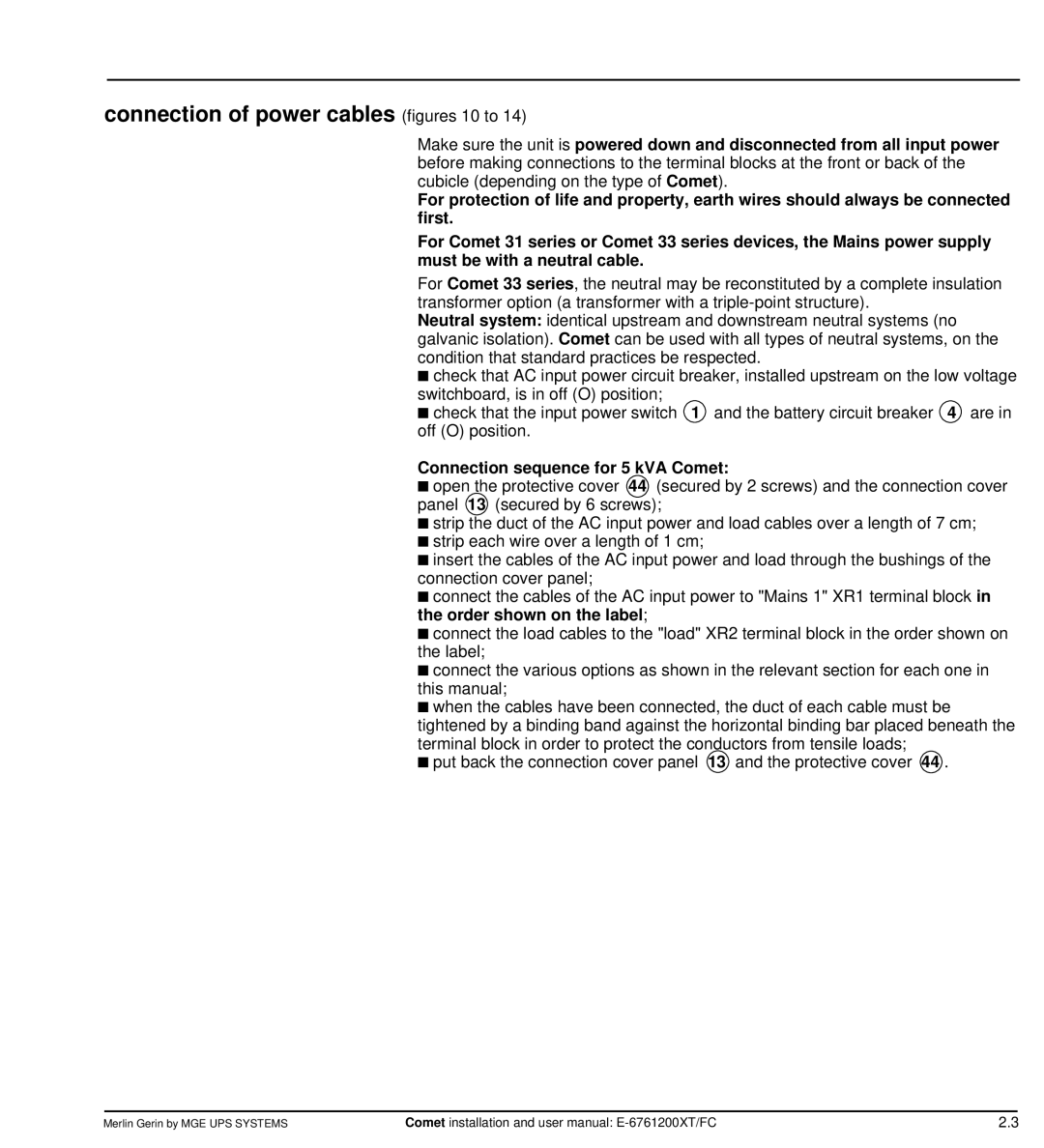 MGE UPS Systems Comet TM 5 - 30 kVA Connection of power cables figures 10 to, Connection sequence for 5 kVA Comet 