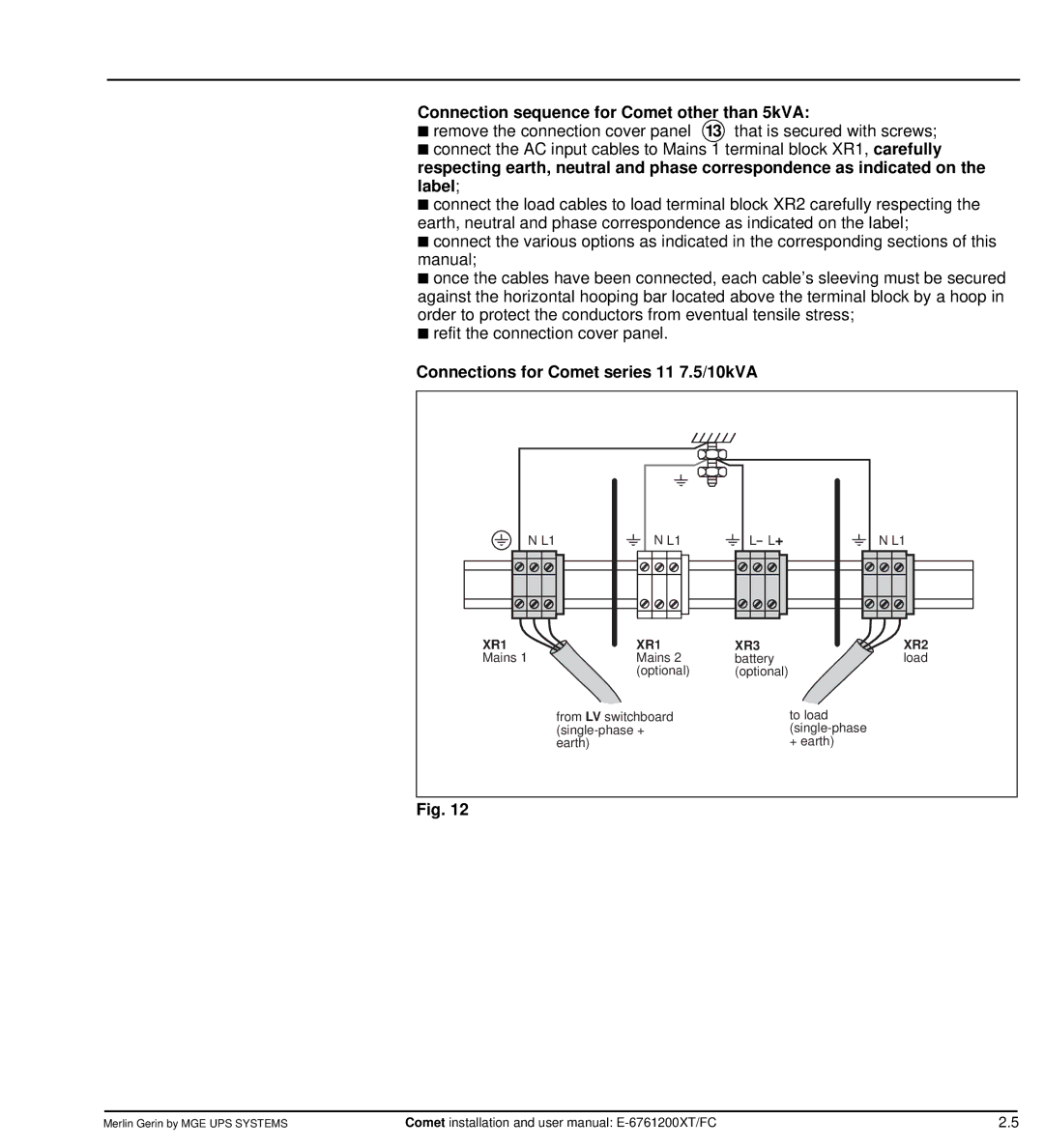 MGE UPS Systems Comet TM 5 - 30 kVA user manual Connection sequence for Comet other than 5kVA 