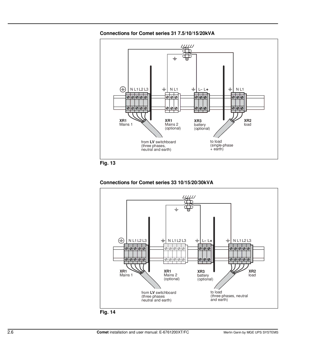 MGE UPS Systems Comet TM 5 - 30 kVA user manual Connections for Comet series 31 7.5/10/15/20kVA 