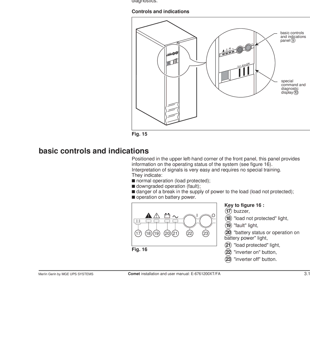 MGE UPS Systems Comet TM 5 - 30 kVA user manual Controls and indications, Basic controls and indications, Key to figure 