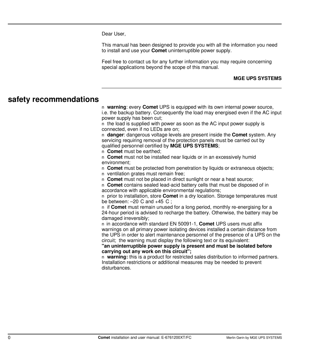 MGE UPS Systems Comet TM 5 - 30 kVA user manual Safety recommendations 