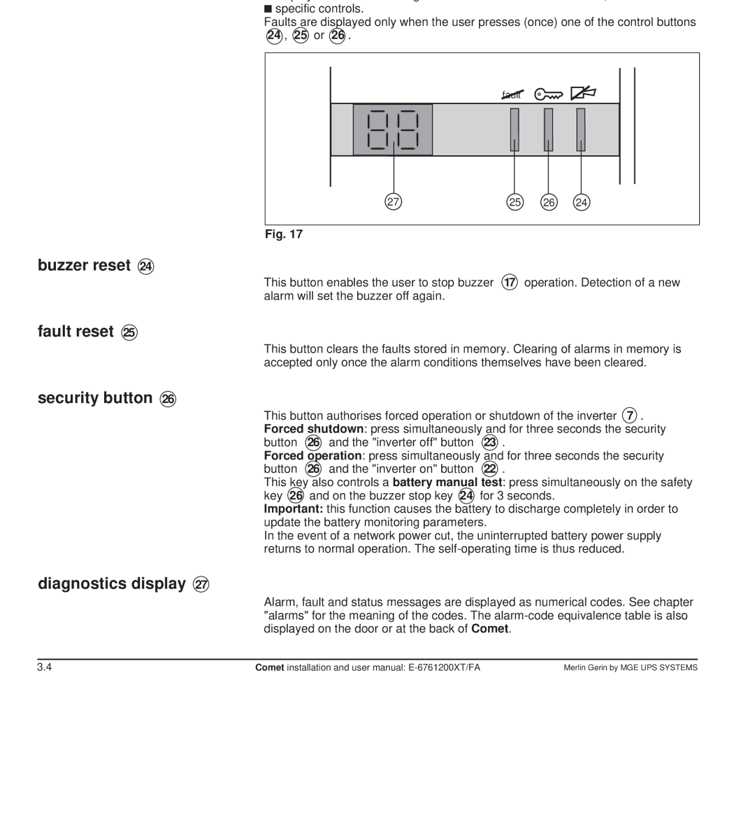 MGE UPS Systems Comet TM 5 - 30 kVA Controls and diagnostics display figure, Buzzer reset, Fault reset, Security button 