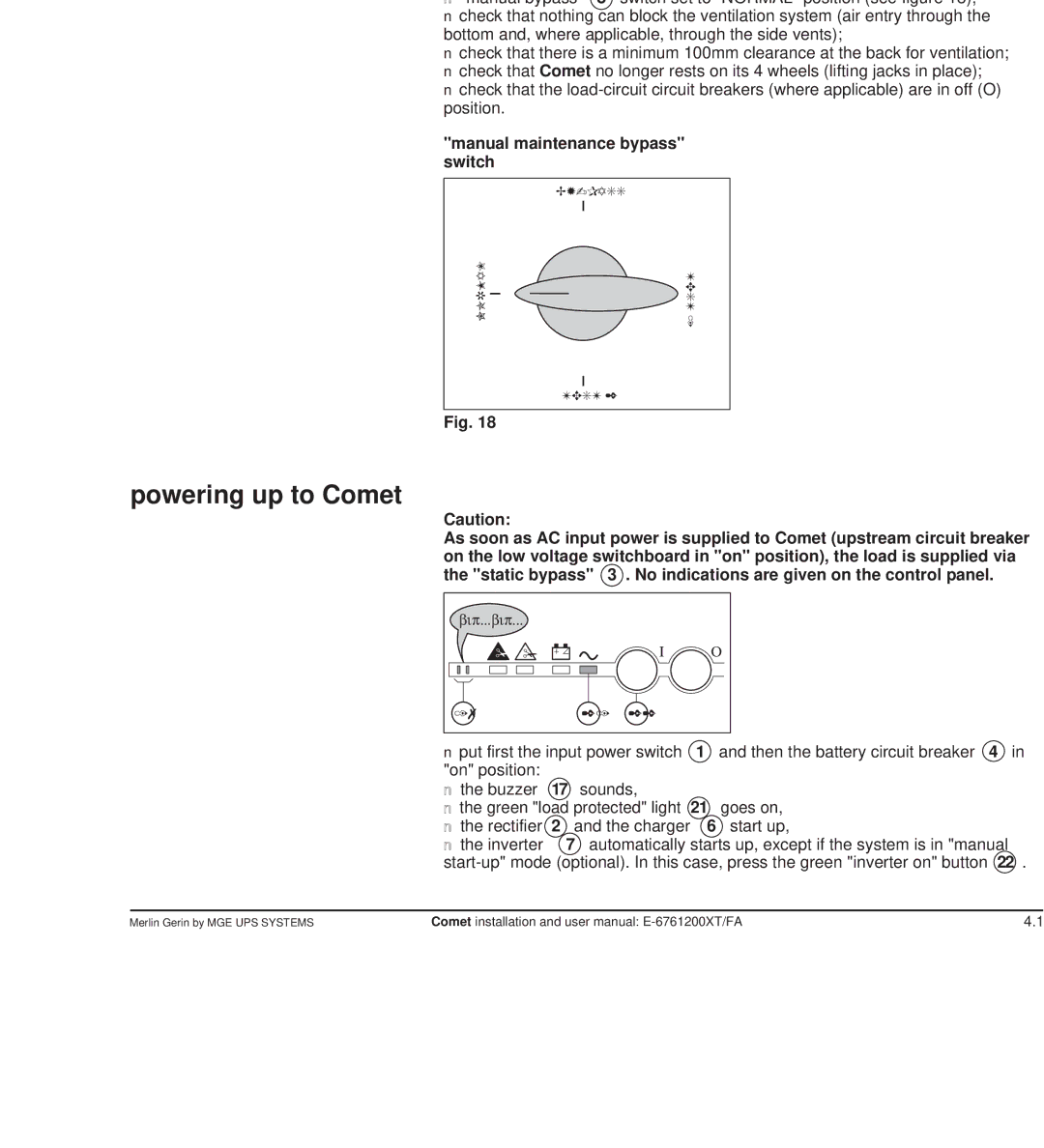 MGE UPS Systems Comet TM 5 - 30 kVA Start-up, Preliminary checks, Powering up to Comet, Manual maintenance bypass switch 