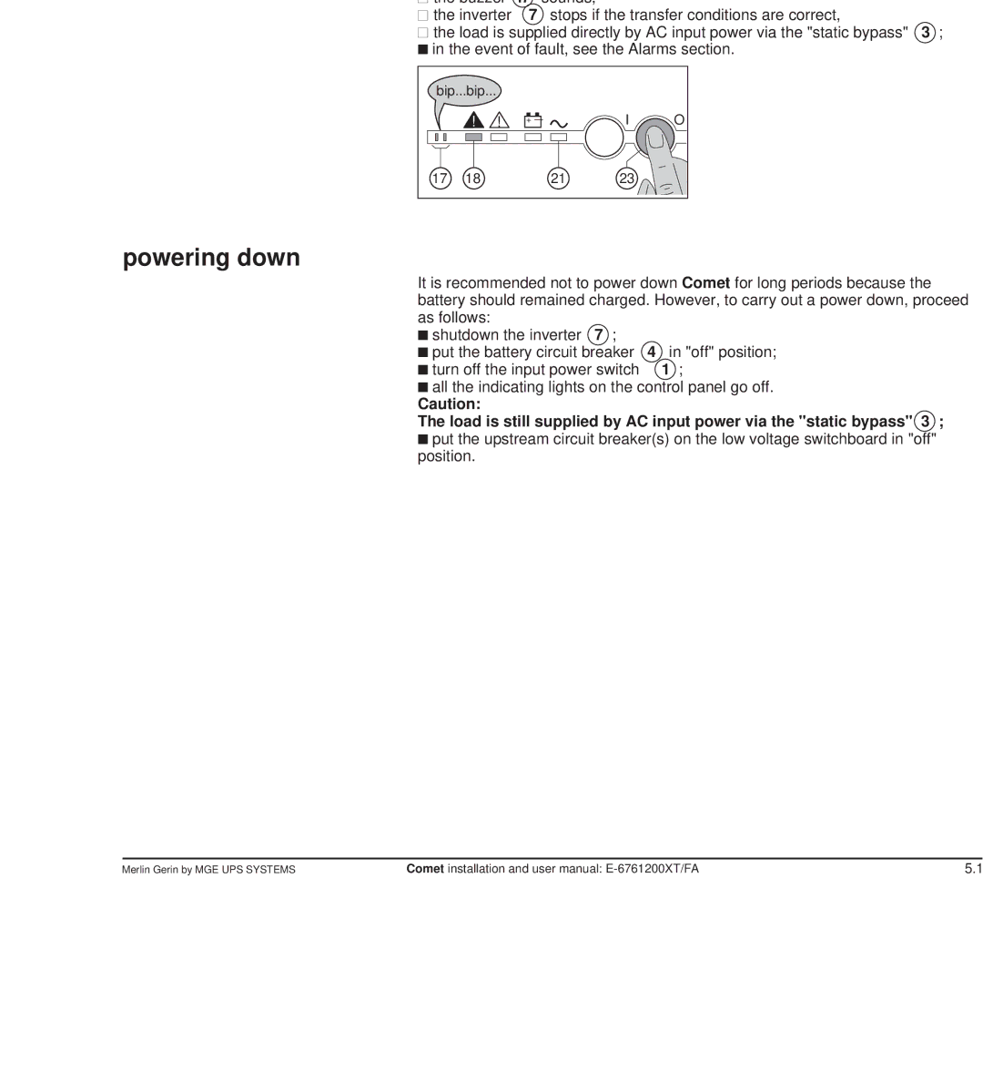 MGE UPS Systems Comet TM 5 - 30 kVA user manual Shutdown, Inverter shutdown, Powering down 