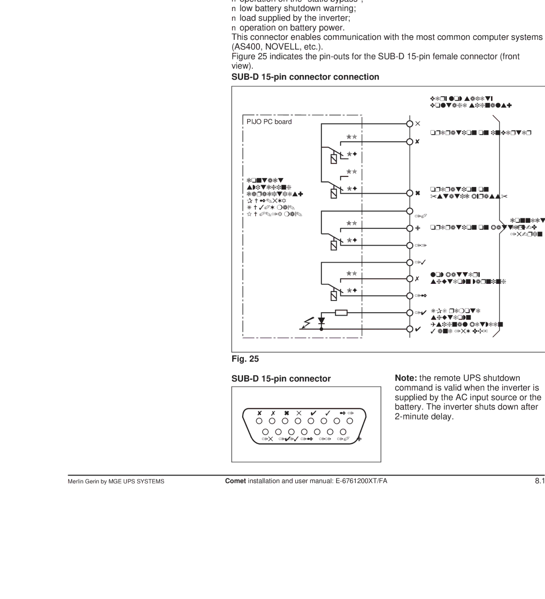 MGE UPS Systems Comet TM 5 - 30 kVA user manual Communication, Standard functions, SUB-D 15-pin connector connection 