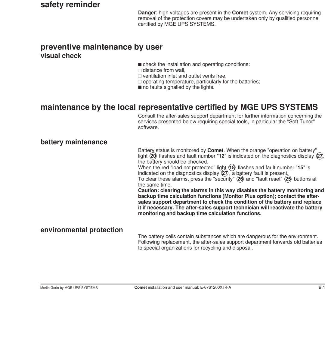 MGE UPS Systems Comet TM 5 - 30 kVA user manual Maintenance and servicing, Safety reminder Preventive maintenance by user 