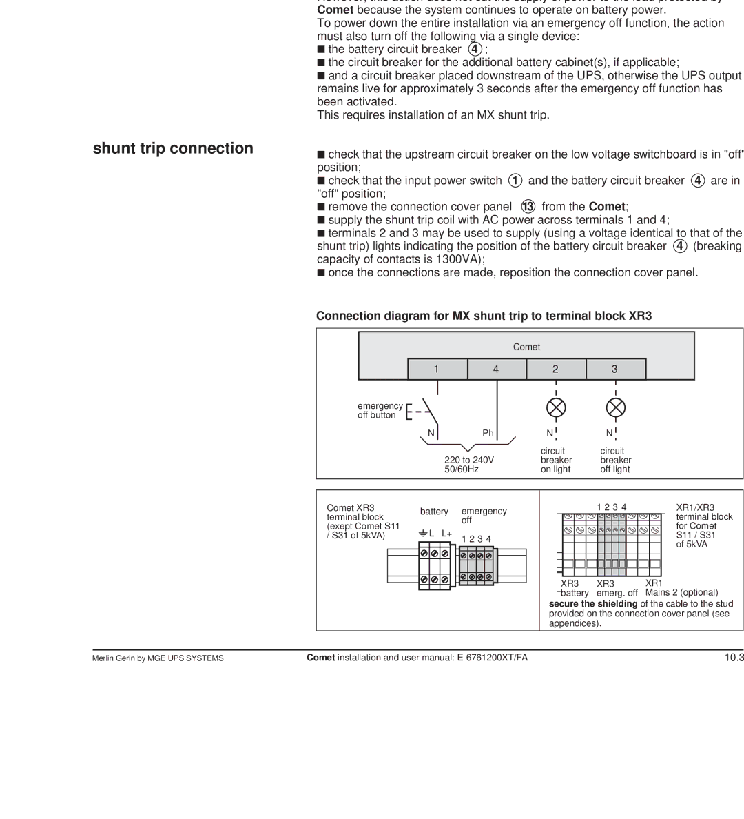 MGE UPS Systems Comet TM 5 - 30 kVA user manual Emergency off, Shunt trip connection 