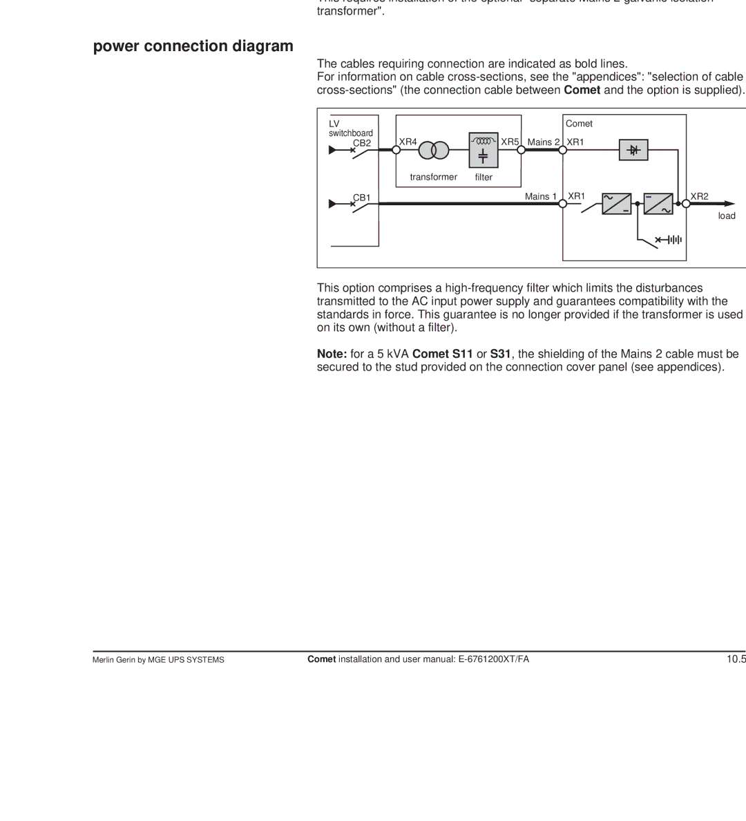 MGE UPS Systems Comet TM 5 - 30 kVA user manual Separate Mains 2 transformer AC bypass input, Power connection diagram 